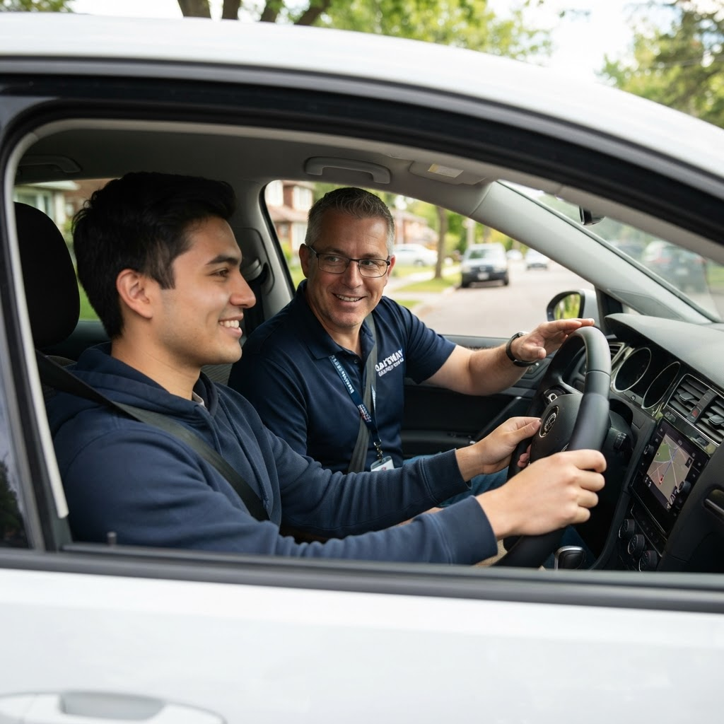 A friendly driving instructor guiding a smiling student driver during an in-car lesson